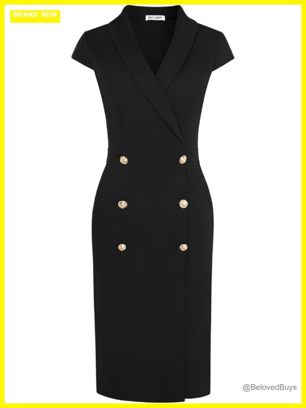 Work Bodycon Midi Dress Cap Sleeve Button Pencil with Pockets